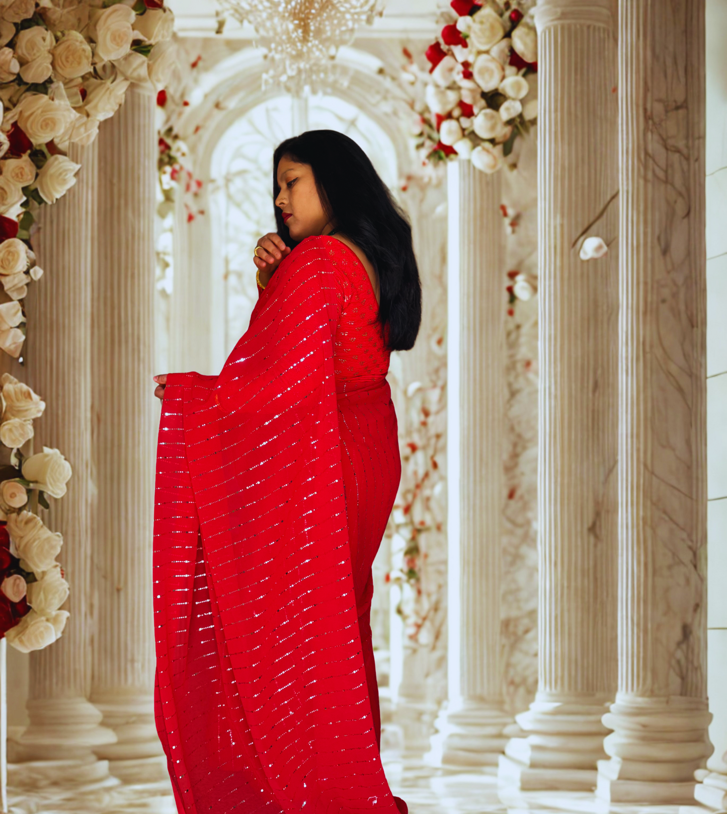 Red Sequin Georgette Saree – Glamorous Party & Festive Wear (Fall & Pico Done)