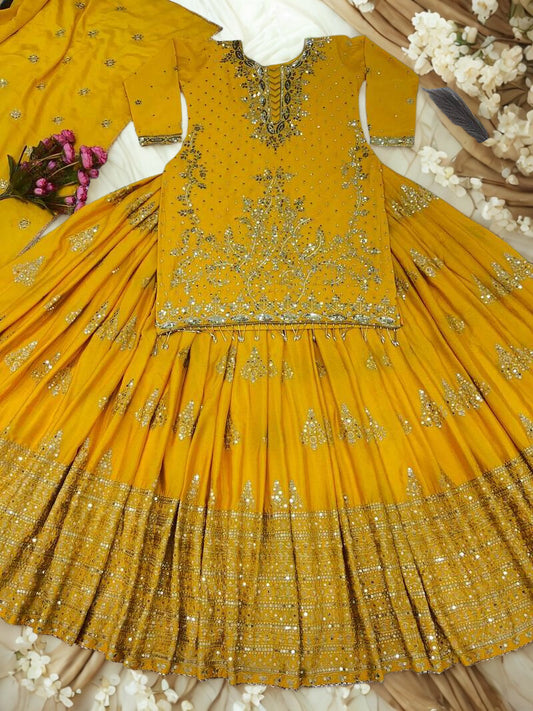 💛 Yellow Exquisite Chinnon Silk Lehenga Set 💛 ✨ Elegant • Embroidered • Semi-Stitched Luxury ✨