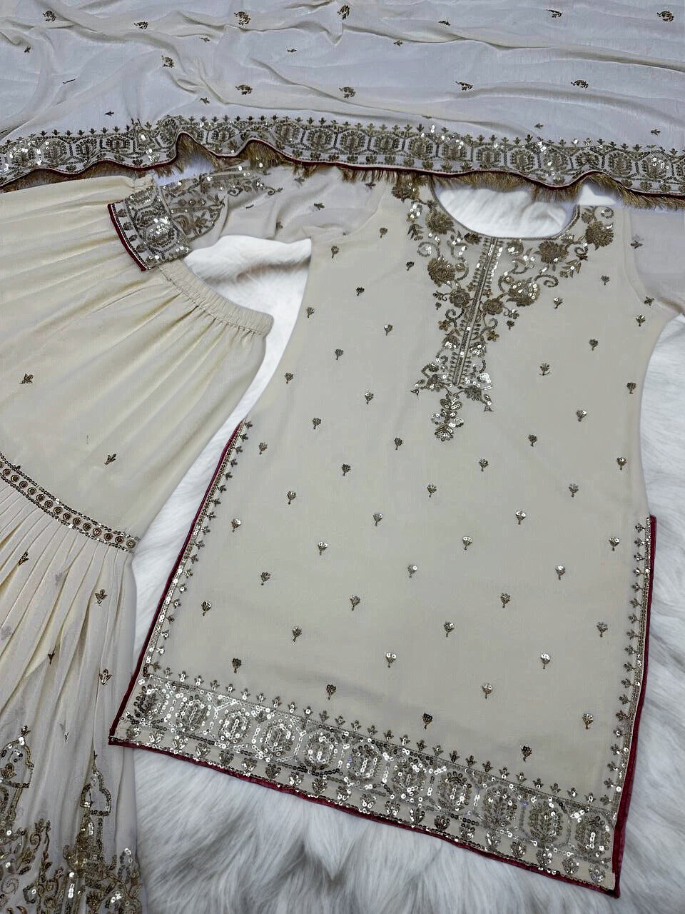 🤍 Elegant Beige 3-Piece Pakistani Suit – Top, Palazzo &amp; Dupatta 🤍  ✨ Handmade • Heavy Embroidery &amp; Sequins • Ready to Wear ✨