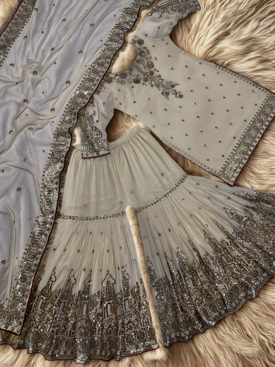 🤍 Elegant Beige 3-Piece Pakistani Suit – Top, Palazzo &amp; Dupatta 🤍  ✨ Handmade • Heavy Embroidery &amp; Sequins • Ready to Wear ✨
