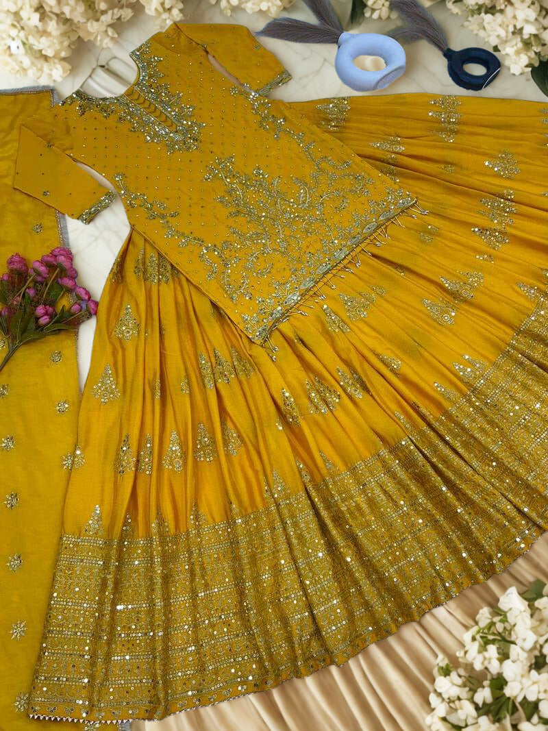 💛 Yellow Exquisite Chinnon Silk Lehenga Set 💛 ✨ Elegant • Embroidered • Semi-Stitched Luxury ✨