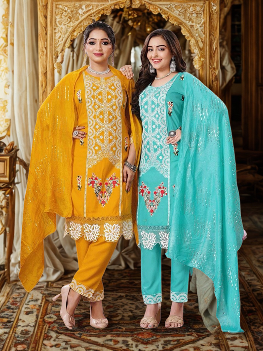 Elegant Resham Embroidered Silk Stitched Suit Salwar Kameez Kurta Set with Dupatta