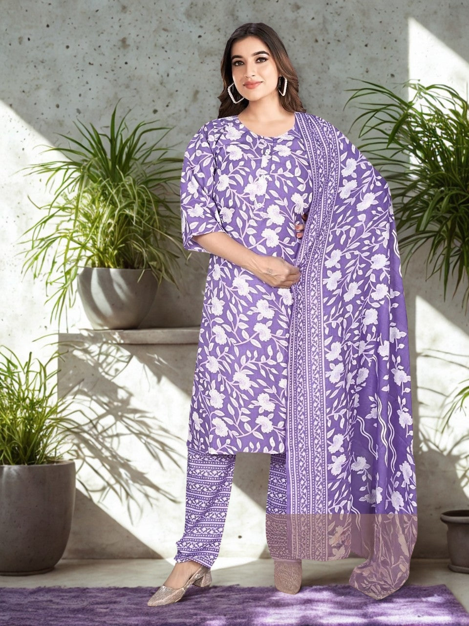 Whispering Blooms – Handcrafted Cotton Kurta Set with Dupatta