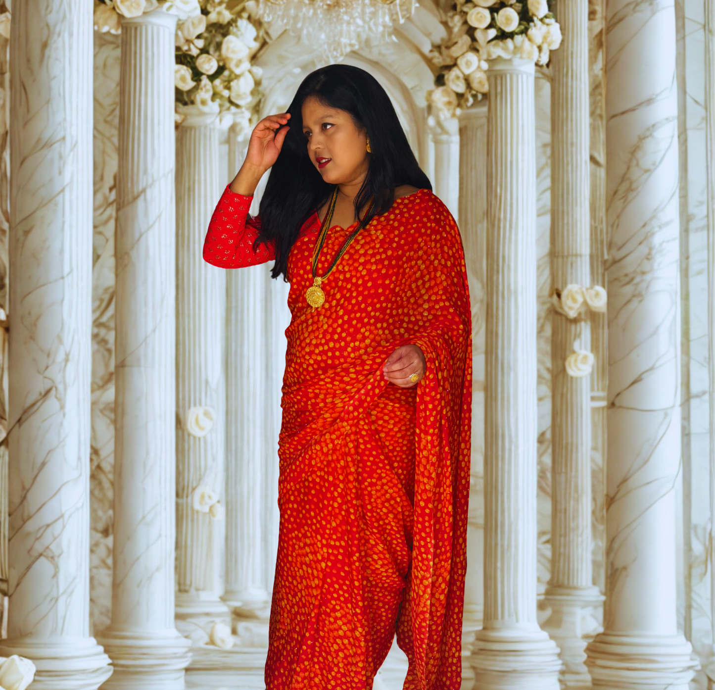 Red Bandhani Georgette Saree – Traditional & Ready to Wear (Fall & Pico Done)