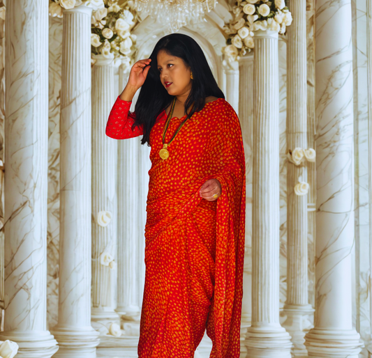 Red Bandhani Georgette Saree – Traditional & Ready to Wear (Fall & Pico Done)