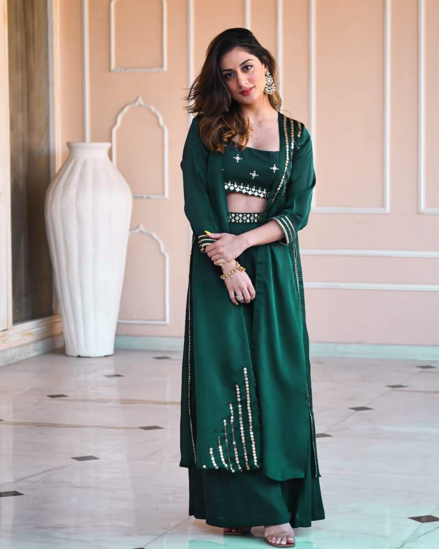 ✨ Elegant 3-Piece Palazzo Set – Embellished Crop Top, Long Jacket & Wide-Leg Pants | Festive Ethnic Wear