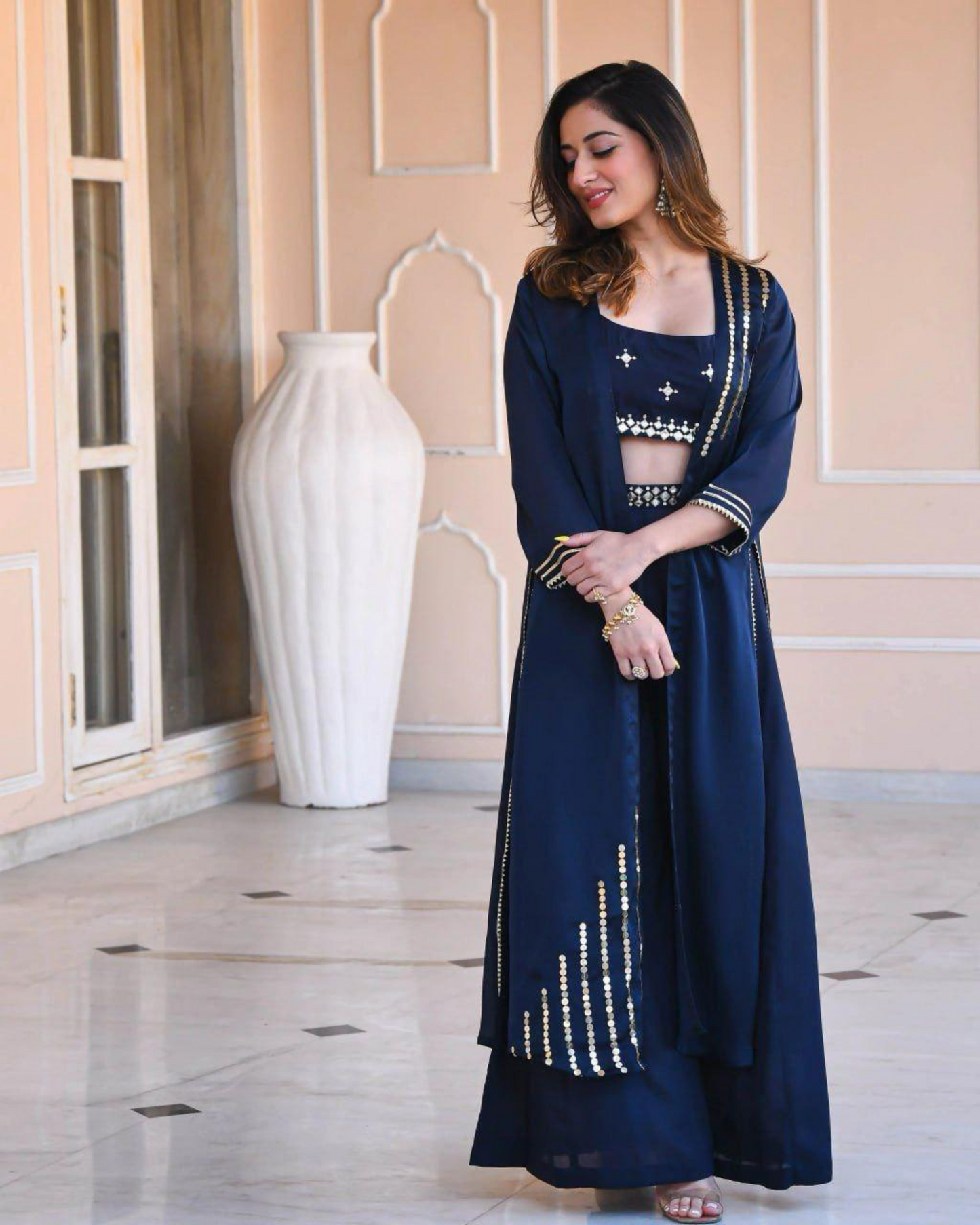 ✨ Elegant 3-Piece Palazzo Set – Embellished Crop Top, Long Jacket & Wide-Leg Pants | Festive Ethnic Wear