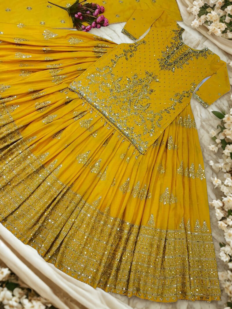 💛 Yellow Exquisite Chinnon Silk Lehenga Set 💛 ✨ Elegant • Embroidered • Semi-Stitched Luxury ✨