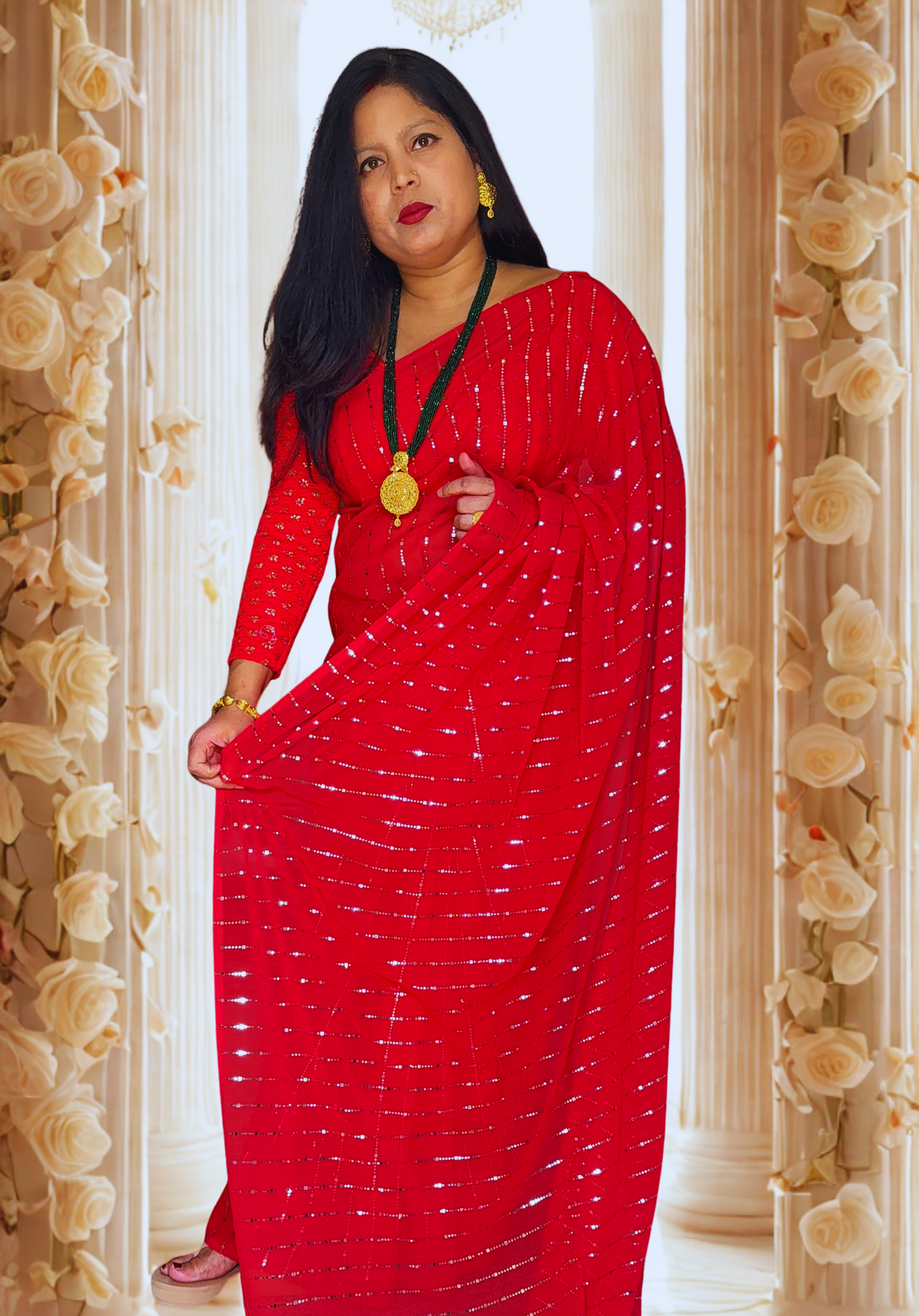 Red Sequin Georgette Saree – Glamorous Party & Festive Wear (Fall & Pico Done)