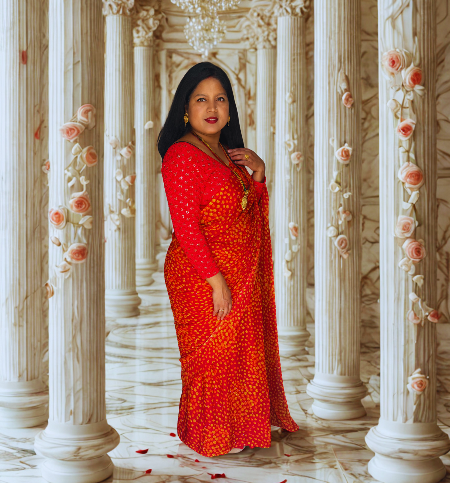 Red Bandhani Georgette Saree – Traditional & Ready to Wear (Fall & Pico Done)