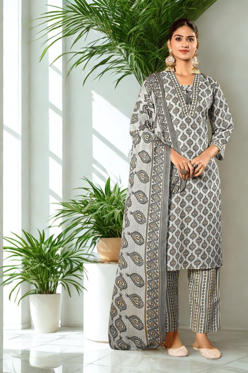 Heritage Print Cotton Kurta Set with Dupatta