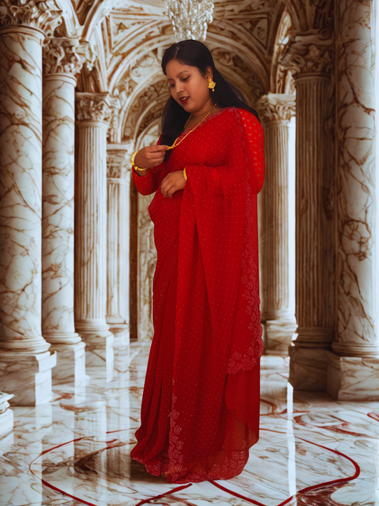 Elegant Crimson Red Georgette Saree with Intricate Border Work (Fall & Pico Done)