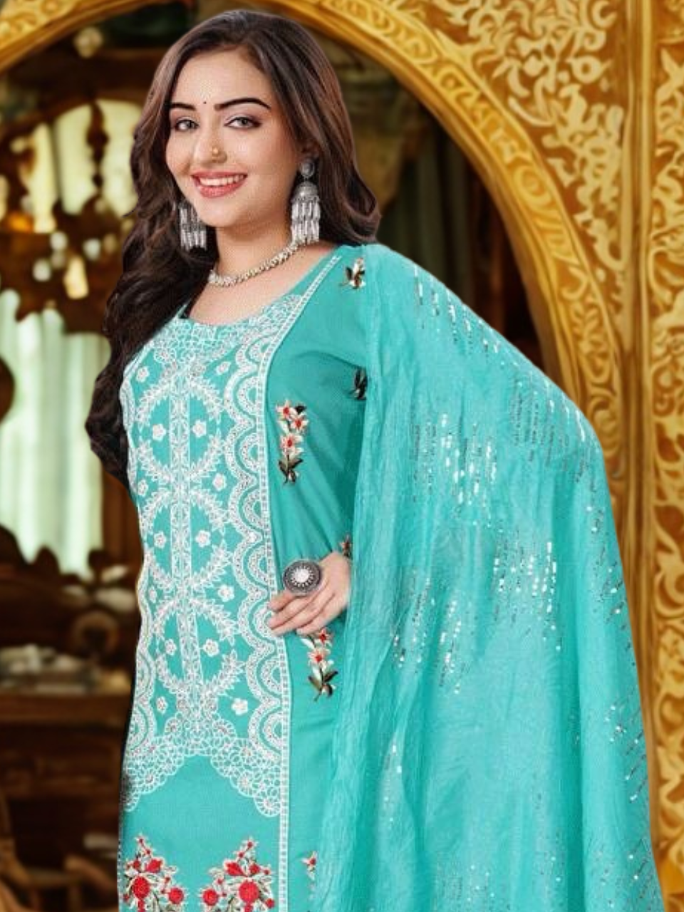 Elegant Resham Embroidered Silk Stitched Suit Salwar Kameez Kurta Set with Dupatta
