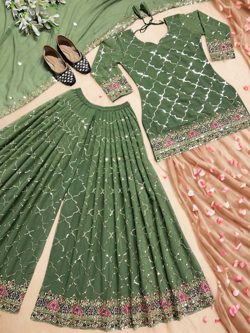 💚 Elegant Pista Green Chinnon Silk Palazzo Suit Set 💚 ✨ Bridesmaid Outfit | Sequin Embroidery | Ready-to-Wear Comfort ✨
