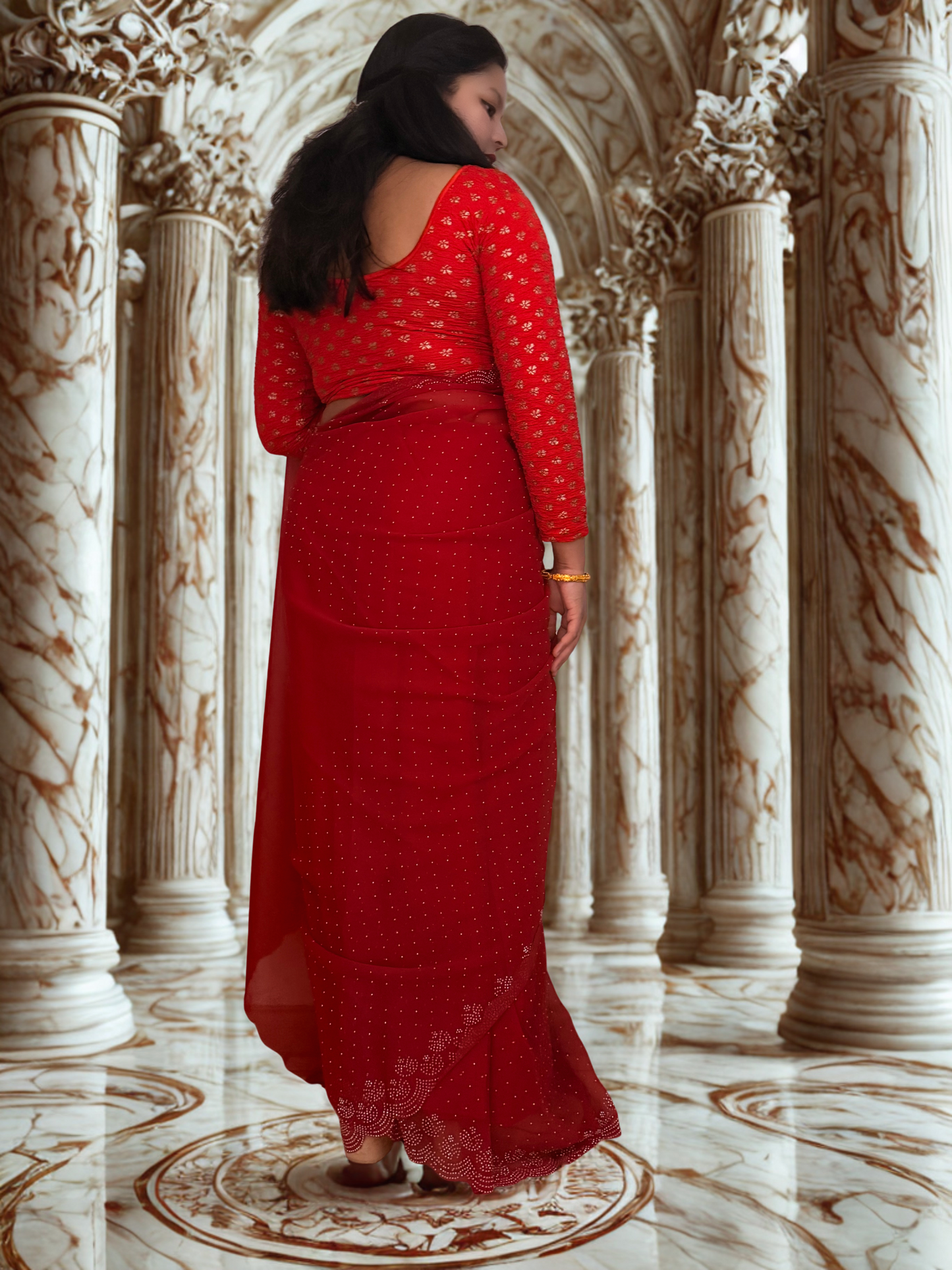 Elegant Crimson Red Georgette Saree with Intricate Border Work (Fall & Pico Done)