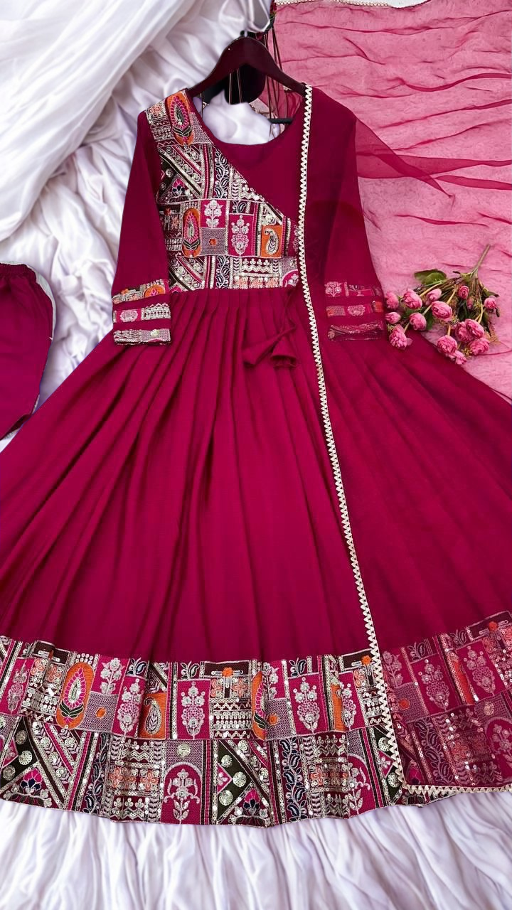 Regal Red Chinon Silk Anarkali Gown with Heavy Embroidery & Sequin Work | Designer Indian Party Wear Dress