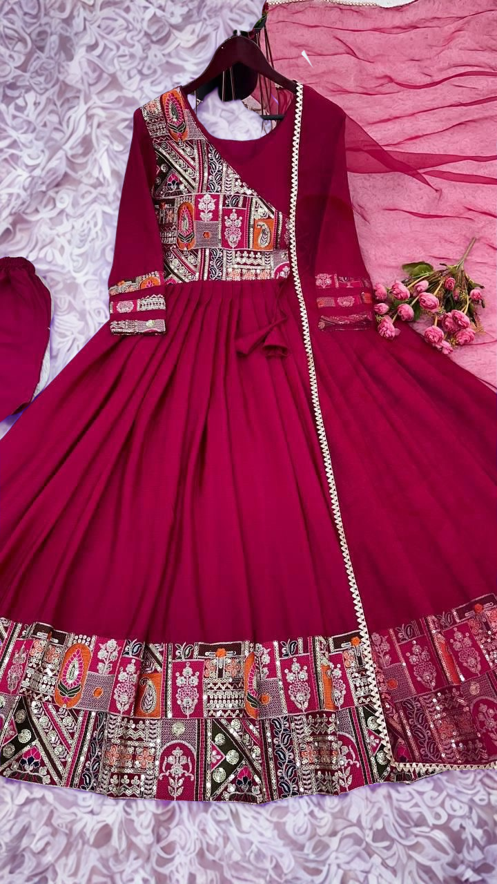 Regal Red Chinon Silk Anarkali Gown with Heavy Embroidery & Sequin Work | Designer Indian Party Wear Dress