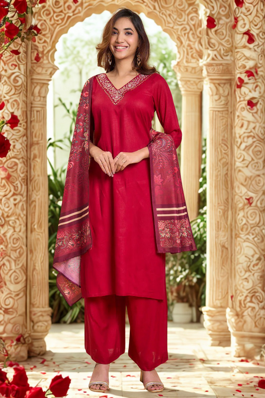Fabric Kurta Set with Dupatta | V-Neck Straight Kurti with Divider Palazzo & Dupatta – Red