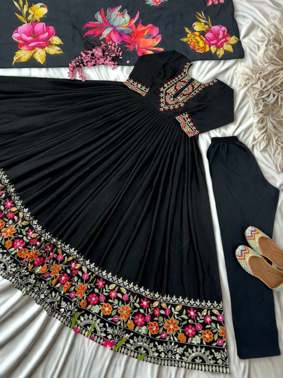Black Color Chinon Gown with Heavy Embroidery & Dupatta