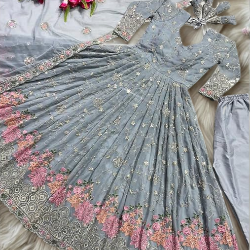 Exquisite Artisanal Grey Georgette Anarkali Suit: Hand-Embroidered Florals & Sequin Opulence