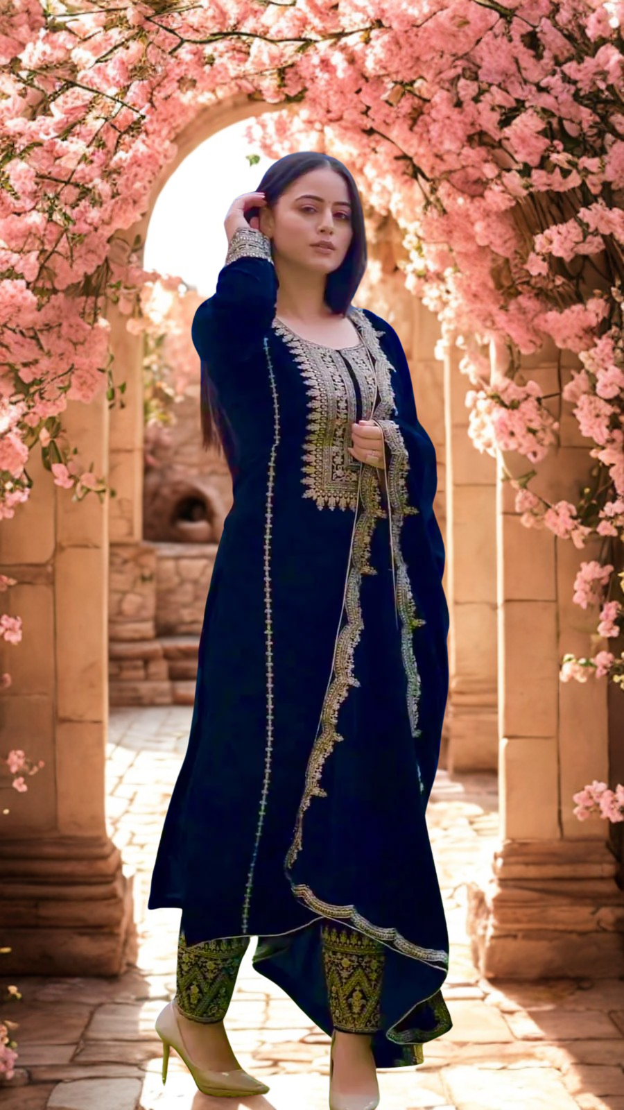 Luxury Velvet Embroidered Suit Set with Dupatta – Navy Blue | Fully Stitched