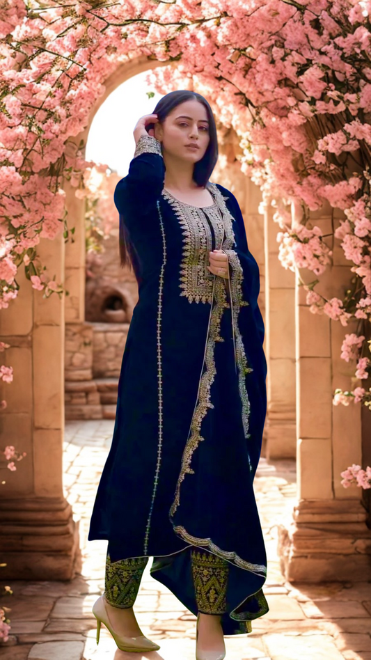 Luxury Velvet Embroidered Suit Set with Dupatta – Navy Blue | Fully Stitched