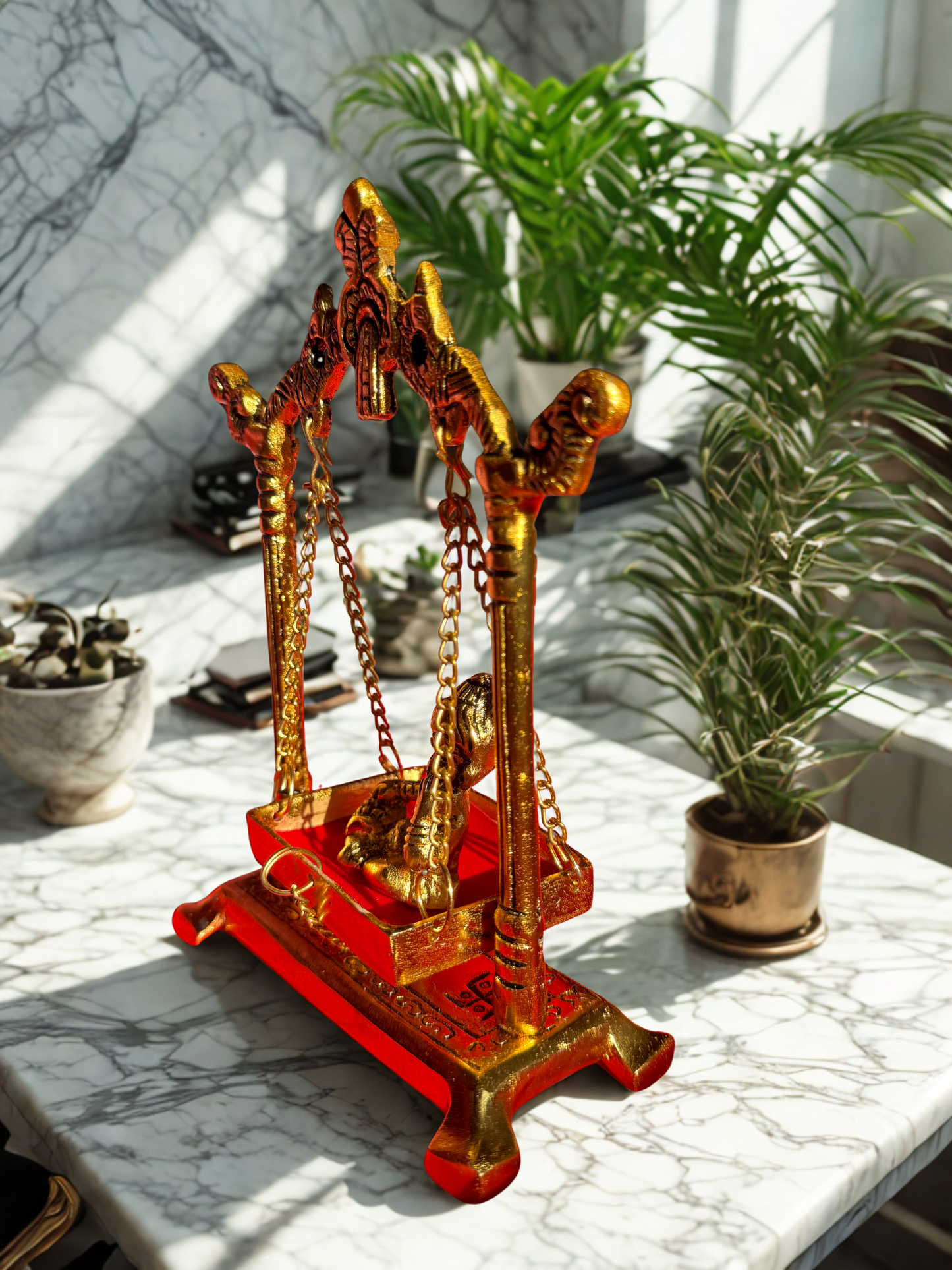 Divine Brass Laddu Gopal Jhula with Bal Gopal Idol – Handcrafted Krishna Swing for Home Temple & Festive Decor
