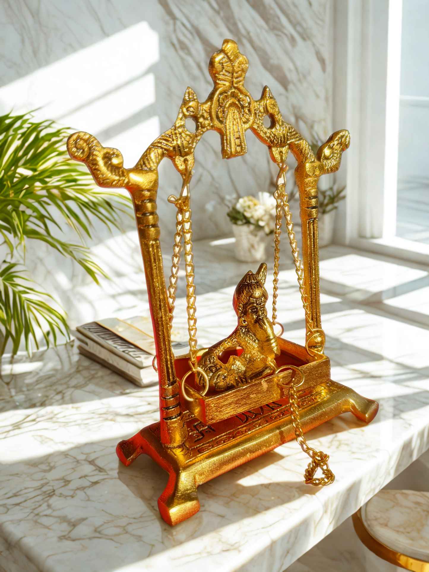 Divine Brass Laddu Gopal Jhula with Bal Gopal Idol – Handcrafted Krishna Swing for Home Temple & Festive Decor