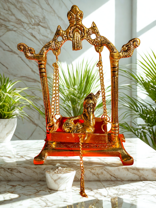 Divine Brass Laddu Gopal Jhula with Bal Gopal Idol – Handcrafted Krishna Swing for Home Temple & Festive Decor