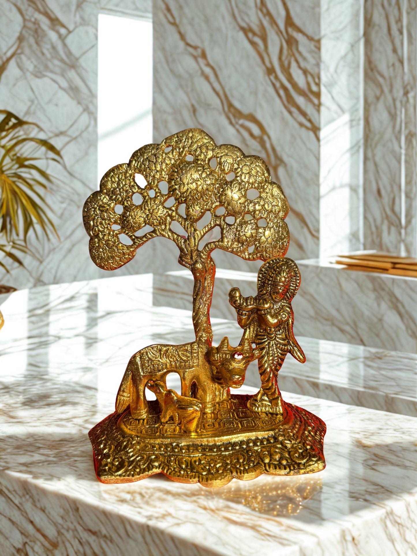 Golden Krishna with Cow & Tree Statue