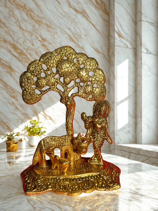 Golden Krishna with Cow & Tree Statue