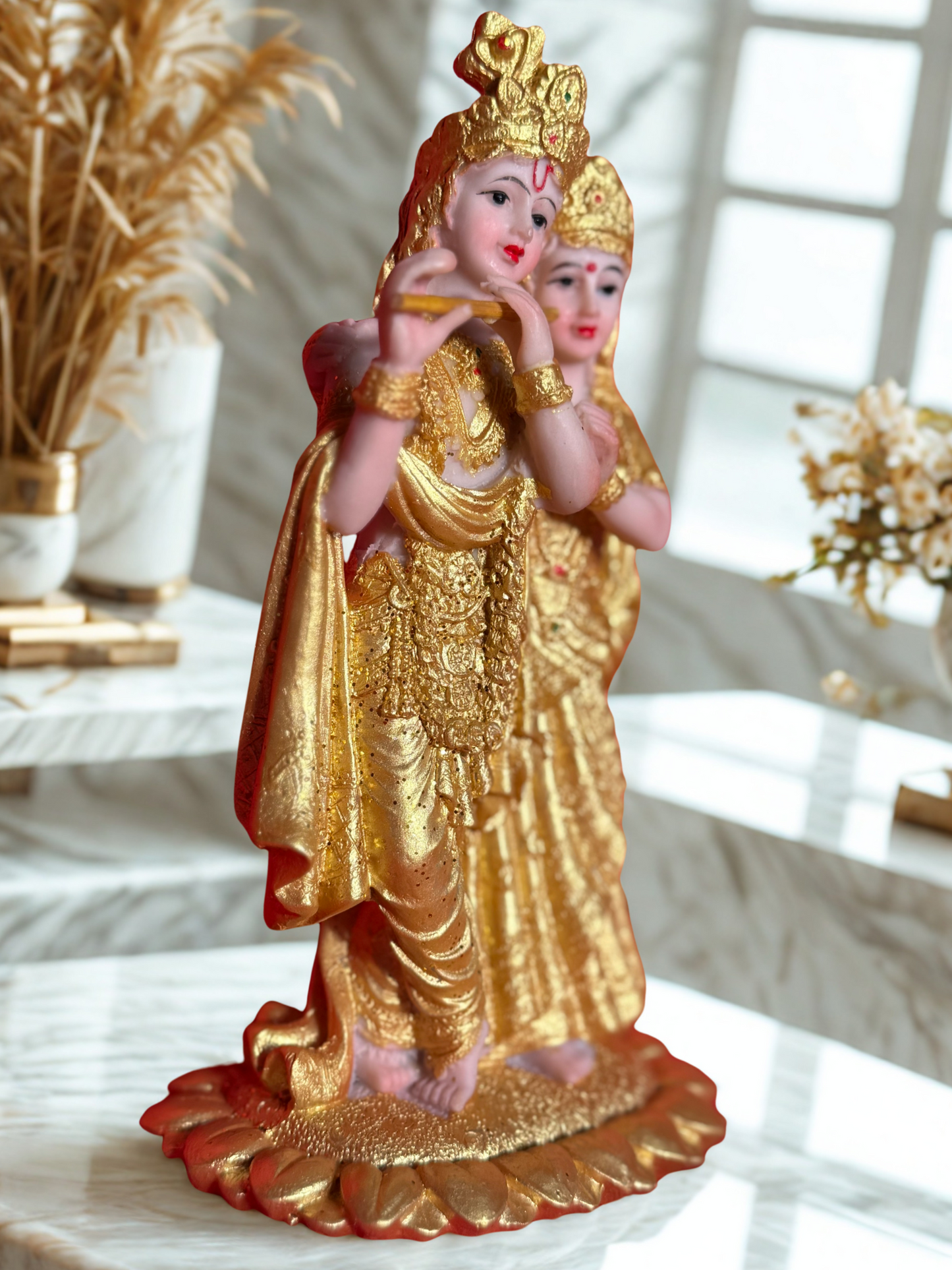 Radiant Radha Krishna Statue – Gold-Finish Resin Idol for Home Temple, Décor & Gifting