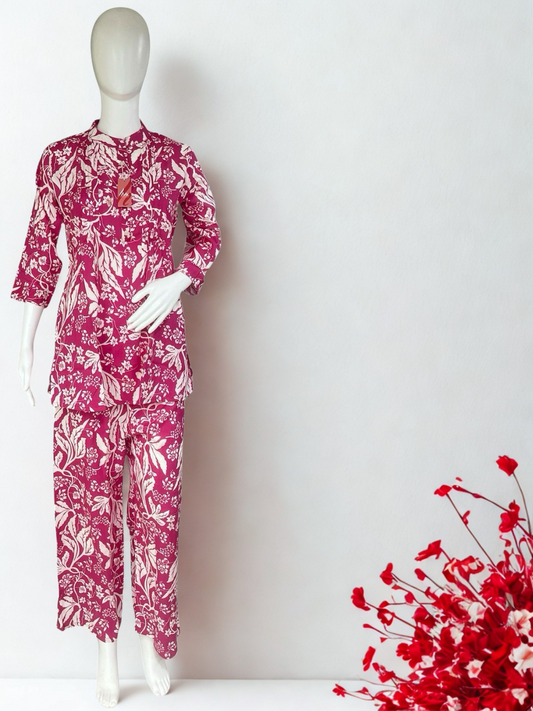 Floral Printed Pure Cotton Tunic with Palazzo Co-Ord Set