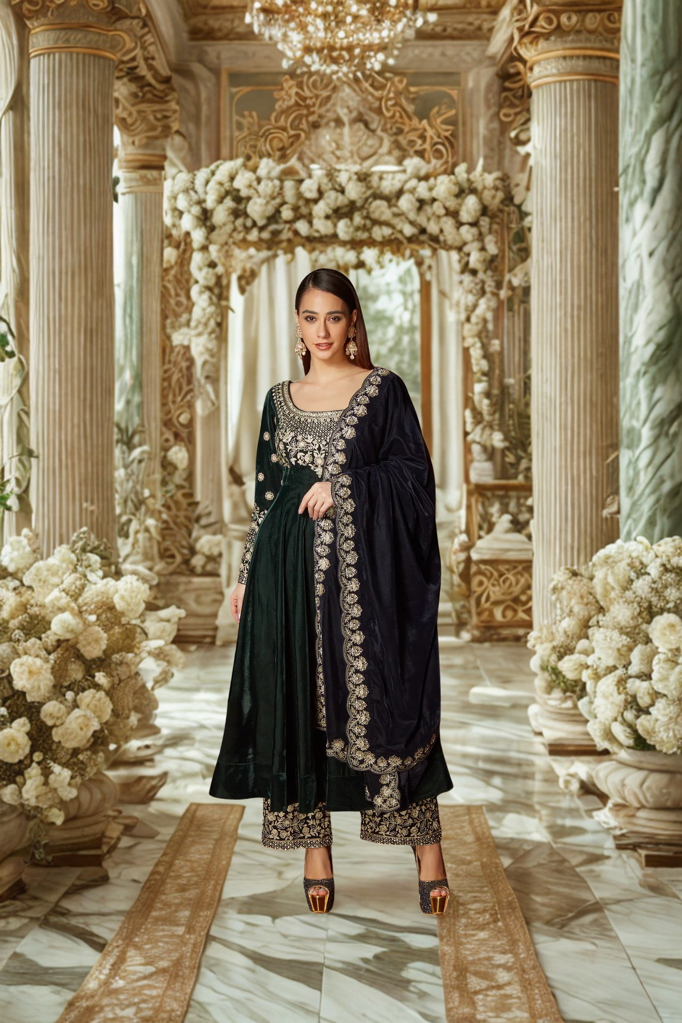 Luxury Emerald Green Velvet Anarkali Suit Set for Women – Heavy Zari Embroidery, Festive & Wedding Wear, Designer Indian Ethnic Outfit