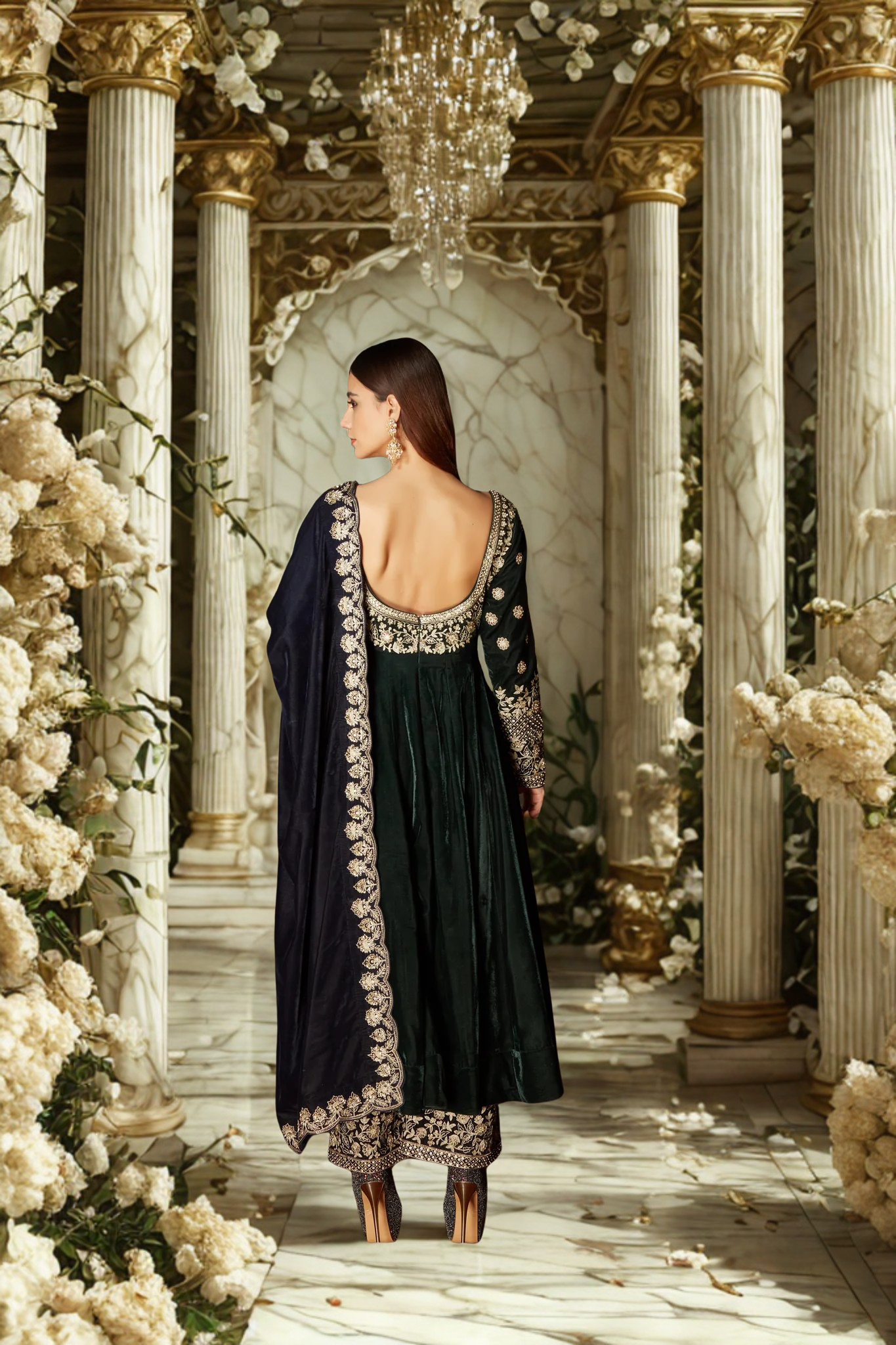 Luxury Emerald Green Velvet Anarkali Suit Set for Women – Heavy Zari Embroidery, Festive & Wedding Wear, Designer Indian Ethnic Outfit