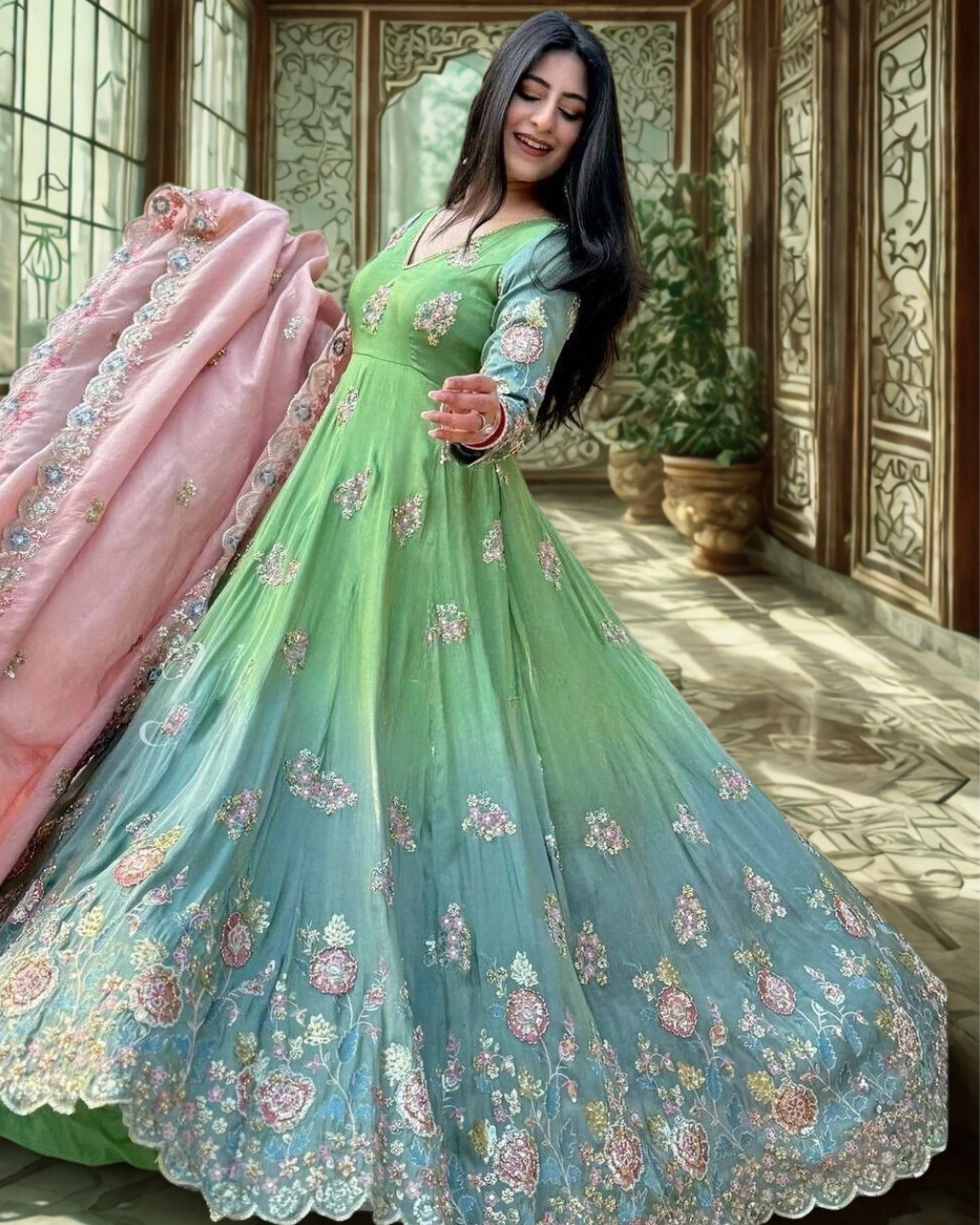 Emerald Elegance: Ombre Embroidered Georgette Anarkali Gown