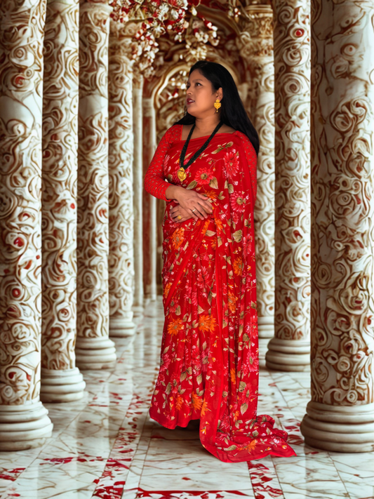 Red Floral Saree with Intricate Embroidery | Fall & Piko Done