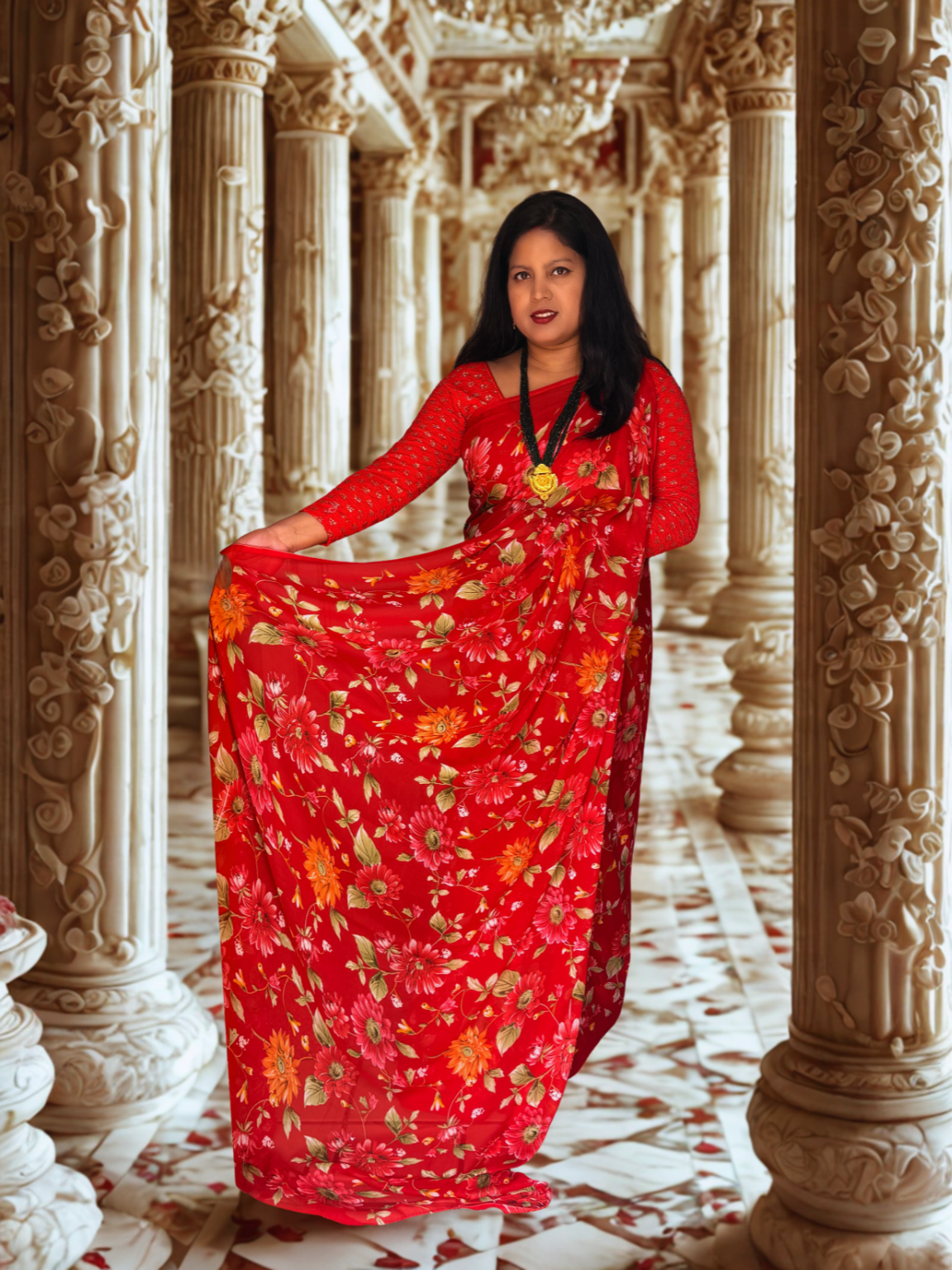 Red Floral Saree with Intricate Embroidery | Fall & Piko Done