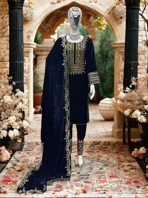 Luxury Velvet Embroidered Suit Set with Dupatta – Navy Blue | Fully Stitched