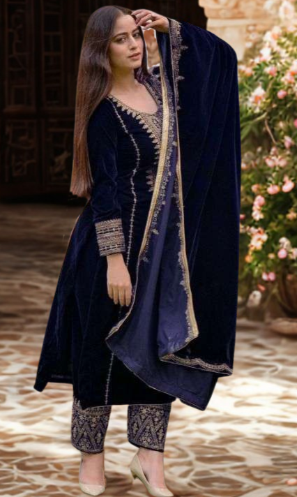 Luxury Velvet Embroidered Suit Set with Dupatta – Navy Blue | Fully Stitched