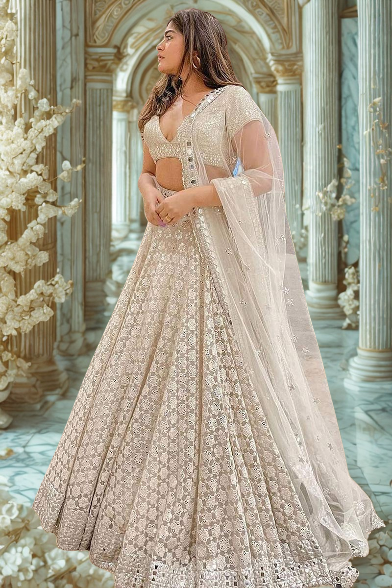 Women’s Ivory Net Lehenga Choli with Faux Mirror Work – Bridesmaid & Wedding Wear
