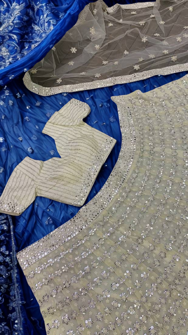 Women’s Ivory Net Lehenga Choli with Faux Mirror Work – Bridesmaid & Wedding Wear