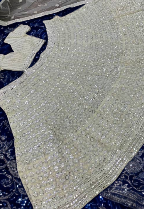 Women’s Ivory Net Lehenga Choli with Faux Mirror Work – Bridesmaid & Wedding Wear