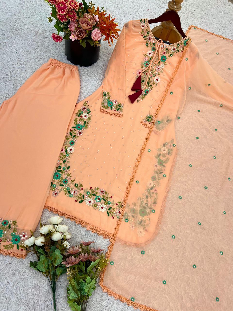 Elegant Faux Georgette Embroidered 3-Piece Set | Fully Stitched Ready-to-Wear Party Outfit for Women