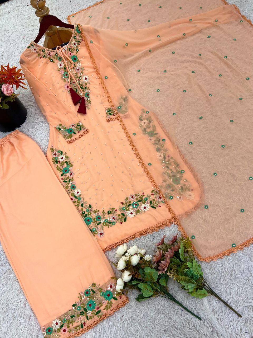 Elegant Faux Georgette Embroidered 3-Piece Set | Fully Stitched Ready-to-Wear Party Outfit for Women