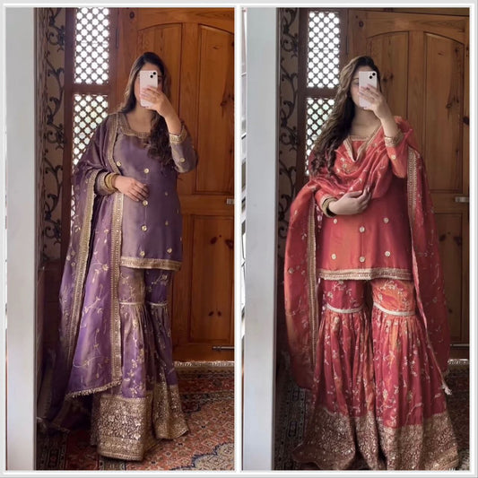 Heavy Embroidered Chinnon Silk Sharara Set | Ready-to-Wear 3-Piece Partywear Outfit for Women