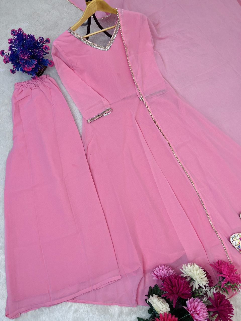 New Partywear Fox Georgette Gown Set | Gown + Plazzo + Dupatta | Fully Stitched