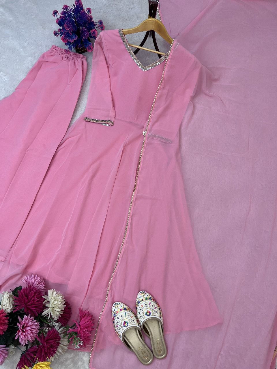 New Partywear Fox Georgette Gown Set | Gown + Plazzo + Dupatta | Fully Stitched