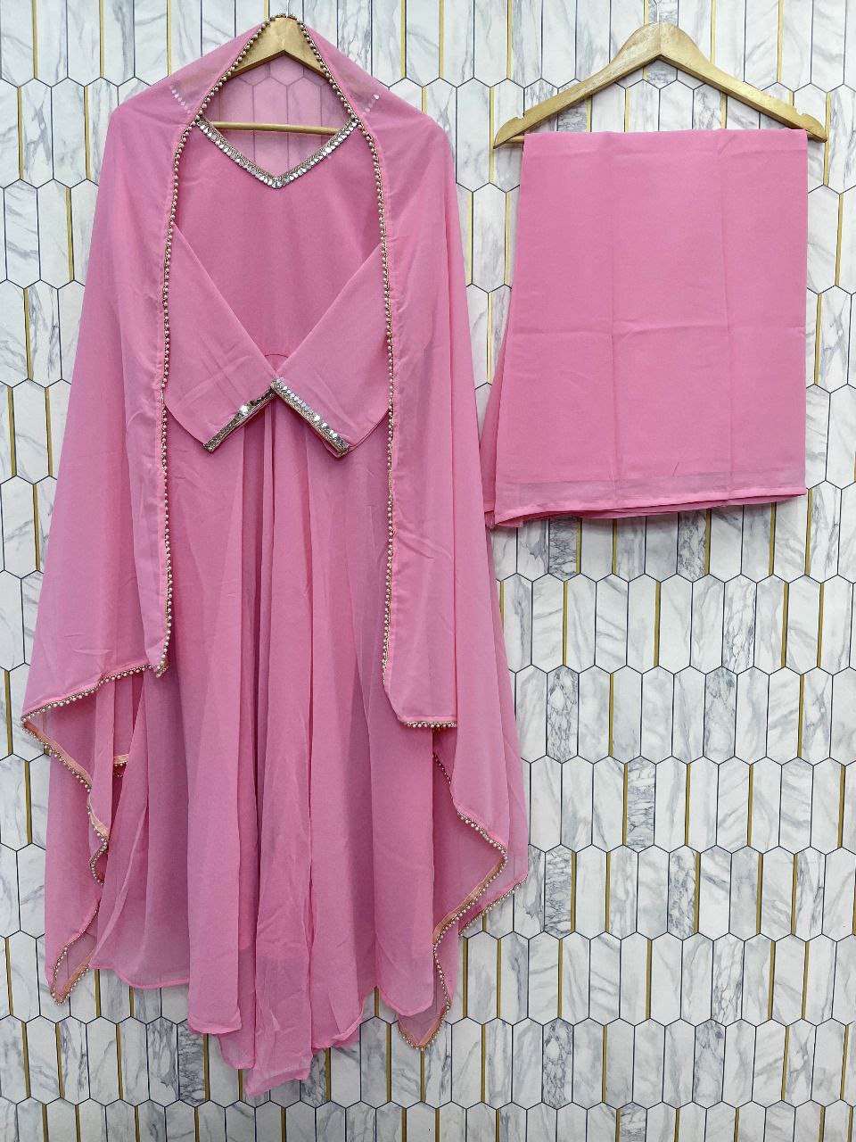 New Partywear Fox Georgette Gown Set | Gown + Plazzo + Dupatta | Fully Stitched