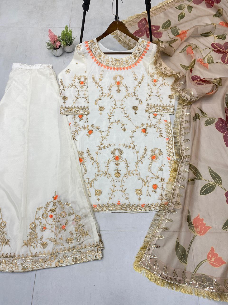 Designer Chinon Sequence Embroidered Suit Set | Fully Stitched 3-Piece Partywear